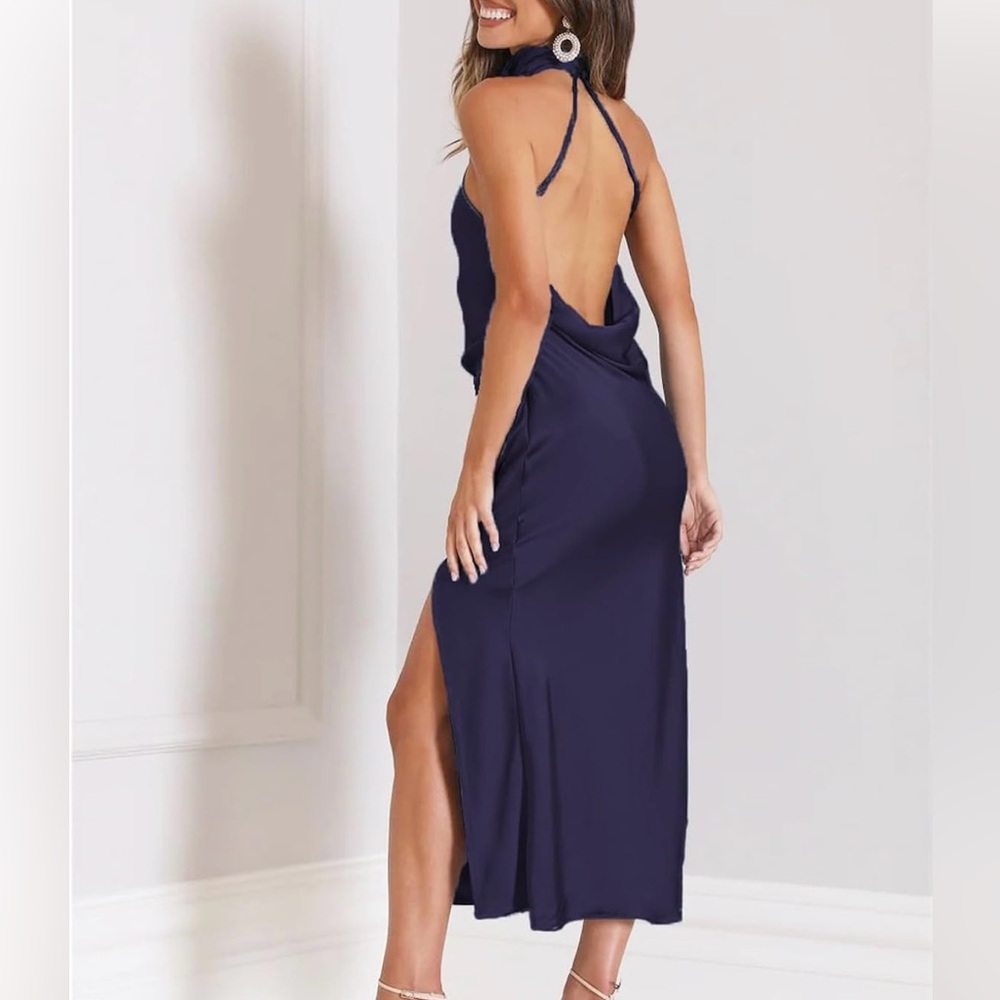 Satin halter backless slit midi dress